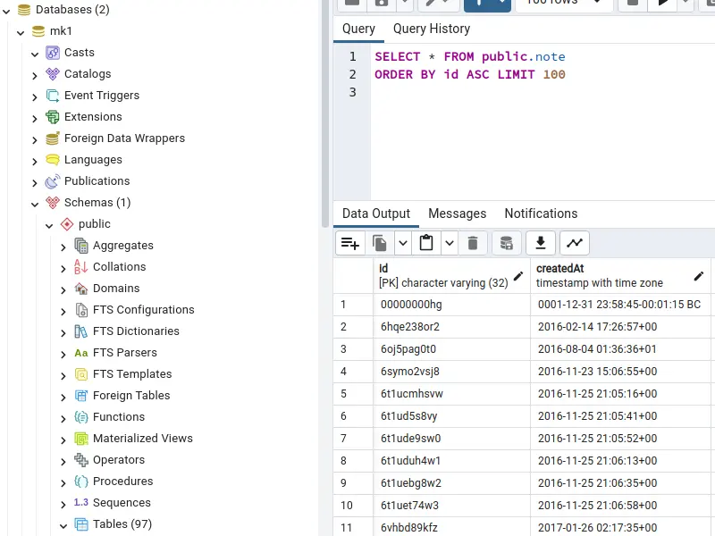 A screenshot of the Linux application pgAdmin, used to administer PostgreSQL databases. The Calckey Fediverse Server uses PostgreSQL as its back end darabase engine.