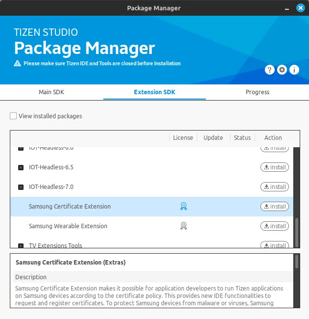 Installing the Jellyfin app on a Tizen TV. A screenshot showing the ‘Tizen Studio Package Manager’, ‘Samsung Certificate Extension’ in the ‘Extension SDK’ options.