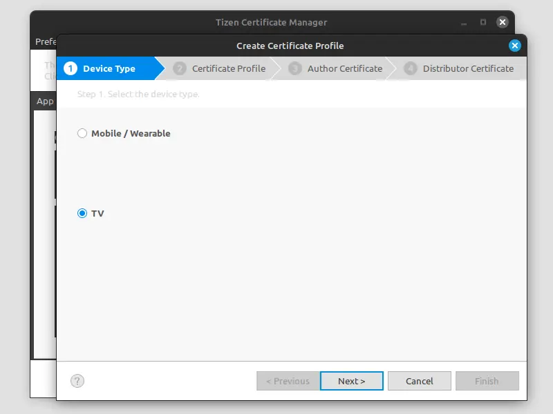 Screenshot showing the ‘Create Certificate Profile’ dialog box. Device Type TV option.