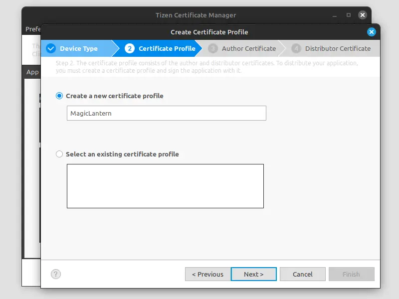 Screenshot showing the ‘Create Certificate Profile’ dialog box. Create a new certificate profile’ option.