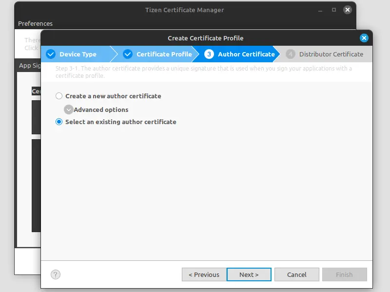 Screenshot showing the ‘Create Certificate Profile’ dialog box. Select an existing author certificate option.