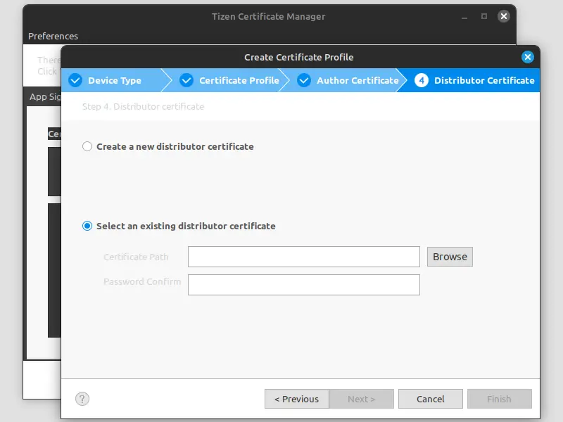 Screenshot showing the ‘Create Certificate Profile’ dialog box, ‘Select and existing distributor certificate’ option.