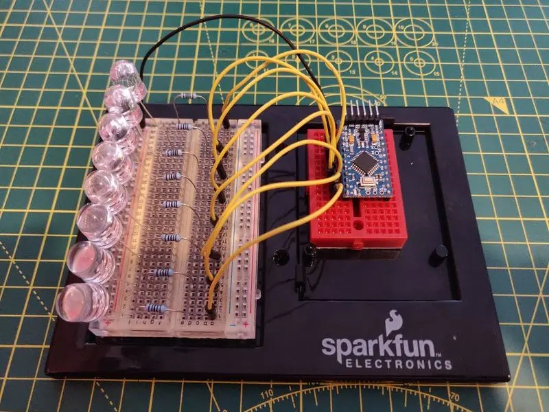 An Arduino Mini on a breadboard with LEDs wired up. This id the first working prototype of the Larson scanner.