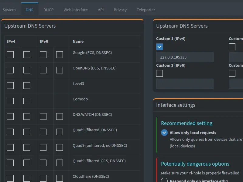 A screenshot of the Pi-hole settings needed to use the Unbound recursive DNS server.