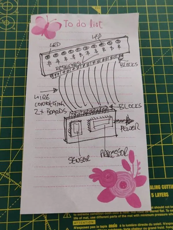 A drawing showing how the LED board will connect to the Arduino board. It is crudely done.