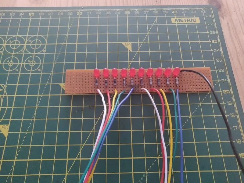 The completed LED board with resistors and wire in place.