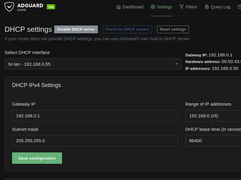 OpenWrt with AdGuardHome and Unbound on a SheevaPlug: A screenshot of the AdGuardHome DHCP settings. It shows which interface is in use, and has sections for the ‘Gateway IP’, the ‘Subnet mask’, the ‘Range of IP addresses’ to be allocated and the ‘DHCP lease time’.