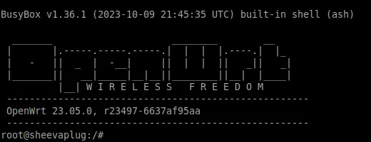 The OpenWRT BusyBox Prompt showing that OpenWRT has successfully been installed and is booting.