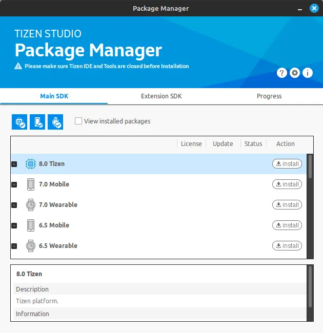 Installing the Jellyfin app on a Tizen TV. A screenshot showing the ‘Tizen Studio Package Manager’, ‘Main SDK’ options.