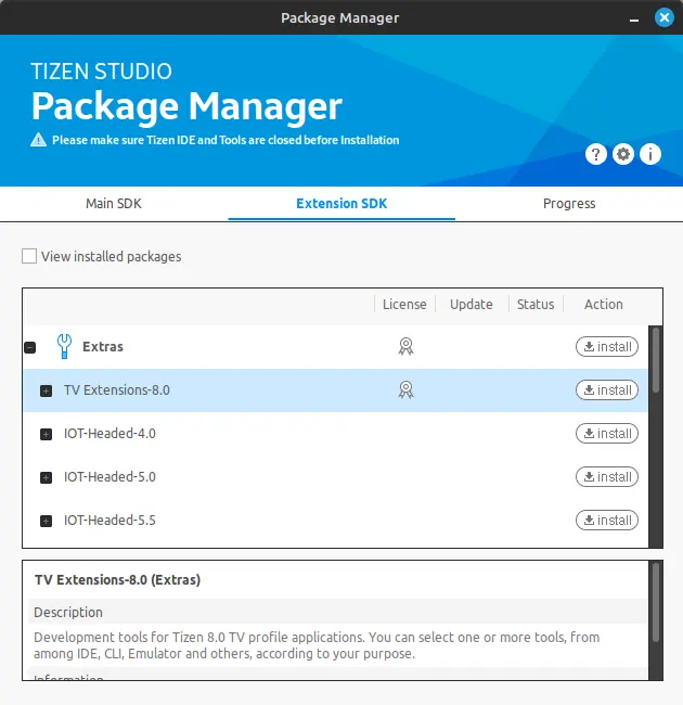 Installing the Jellyfin app on a Tizen TV. A screenshot showing the ‘Tizen Studio Package Manager’, ‘TV Extensions’ in the ‘Extension SDK’ options.