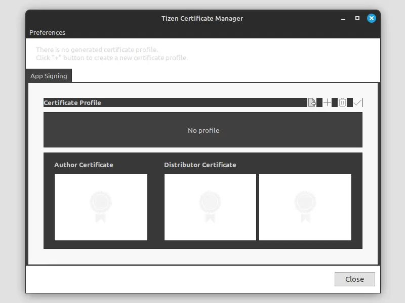 Installing the Jellyfin app on a Tizen TV. A screenshot showing the ‘Tizen Certificate Manager’ dialog box.