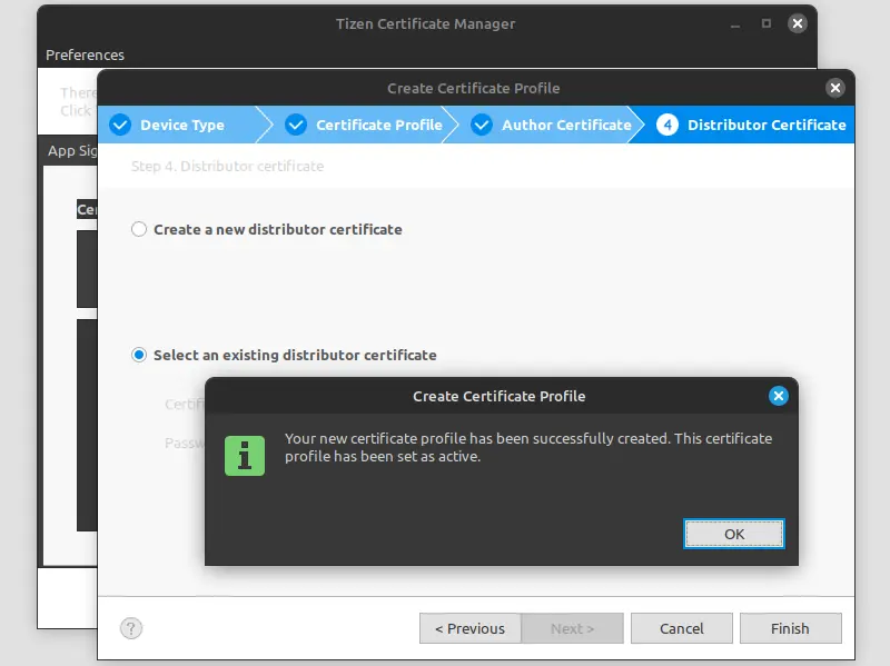 Screenshot showing the ‘Create Certificate Profile’ success dialog box.