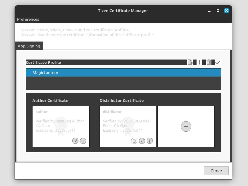 Screenshot showing the Tizen Certificate Manager ‘Tizen Certificate Success’ dialog box.