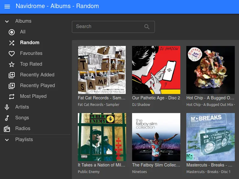 A screenshot of the Navidrome ‘Random Albums’ page showing the album artwork.