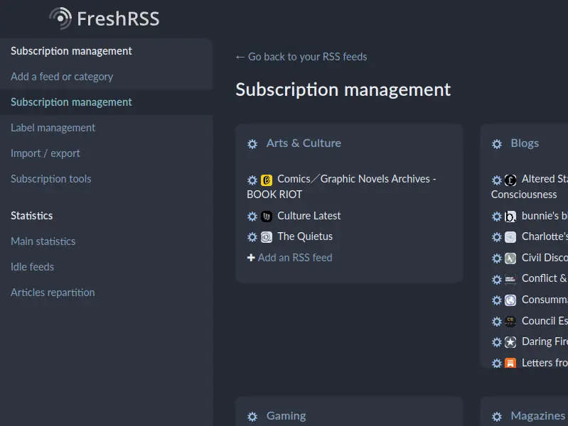 Self-Hosting FreshRSS: Screenshot of the FreshRSS ‘Subscription management’ screen. It shows list of RSS streams that have been subscribed to, arranged into Categories or Groups. This page is where the majority of the initial FreshRSS setup takes place.