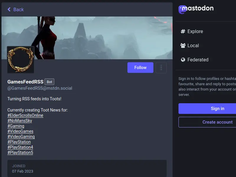 Screenshot of the GamesFeedRSS Mastodon Account. The Python script turn an RSS feed into Mastodon toots and sends the output to a Mastodon timeline.