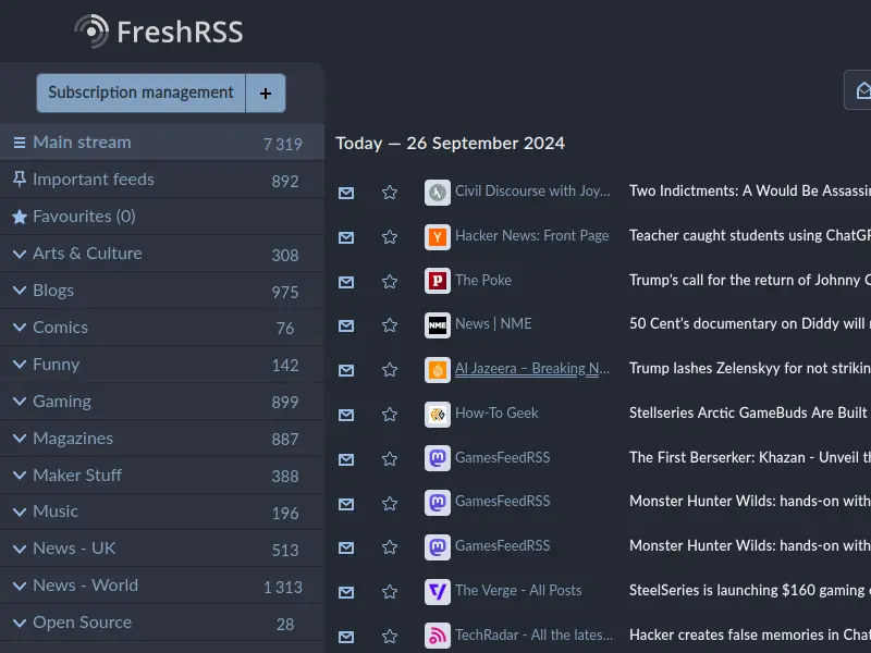 Self-Hosting FreshRSS: Screenshot of the FreshRSS ‘Main stream’ screen. It shows list of RSS articles, sorted by date and time. When self-hosting FreshRSS this is the screen that is seen first when browsing the streams that have been subscribed to.